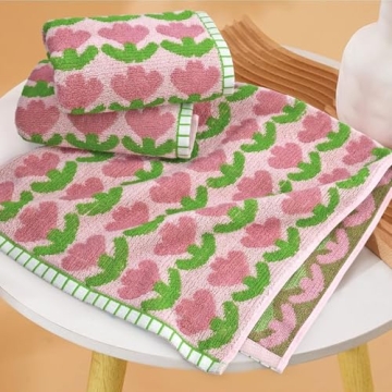 Jacquotha Hand Towels with Pink Tulips, Soft Cotton