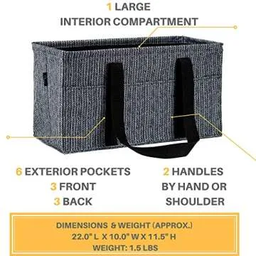 Pursetti Extra Large Utility Tote Bag for Women with 6 Exterior Pockets - Perfect as Beach Bag, Pool Bag, Laundry Bag, Storage Tote for Ballgame, Beach, Pool, and Home (Herringbone)