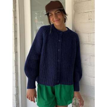 Acmplla Cardigan Sweaters for Women Chunky Knit Cardigans Long Sleeve Button Sweater Jacket 2024 Fall Winter Navy M