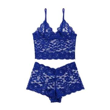 Lilosy Petite Sexy Women Floral Lace Pajamas Lingerie Set High Waist Sheer Sleepwear See Through Nightwear Cami Shorts Bra and Panty 2 Piece Royal Blue X-Small