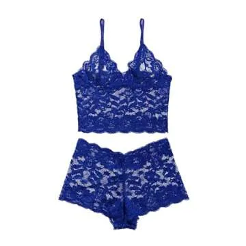 Lilosy Petite Sexy Women Floral Lace Pajamas Lingerie Set High Waist Sheer Sleepwear See Through Nightwear Cami Shorts Bra and Panty 2 Piece Royal Blue X-Small