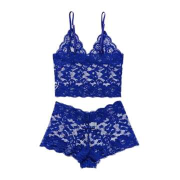 Lilosy Petite Sexy Women Floral Lace Pajamas Lingerie Set High Waist Sheer Sleepwear See Through Nightwear Cami Shorts Bra and Panty 2 Piece Royal Blue X-Small