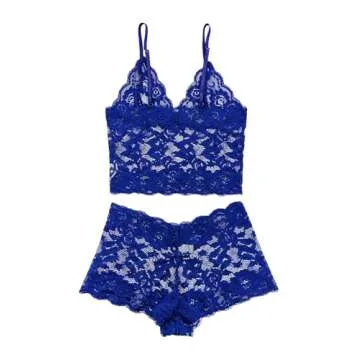 Lilosy Petite Sexy Women Floral Lace Pajamas Lingerie Set High Waist Sheer Sleepwear See Through Nightwear Cami Shorts Bra and Panty 2 Piece Royal Blue X-Small
