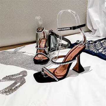 Keleimusi Diamante Strap Heeled Sandals - Elegant Black Strappy Heels for Women