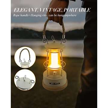 Tresda Camping Lantern Rechargeable, 370LM Dimmable LED Vintage Battery Powered Lanterns, Waterproof LED Retro Camping Lights for Camping, Power Outages, Hurricane, Outdoors, Home Décor