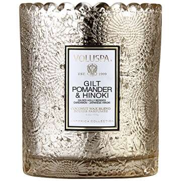 Voluspa Holiday - Gilt Pomander and Hinoki Boxed Scalloped Edge Glass Candle, 6.2 Ounces