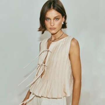 Women Summer Linen Tank Tops Coquette Bow Tie Front Top Shirt Vest Babydoll Ruffle Tops Cute Shirts ...