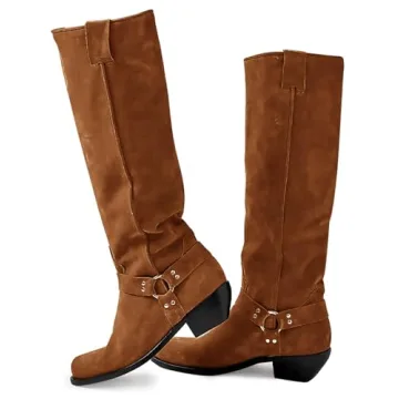 Coutgo Womens Knee High Boots Suede Wide Calf Chunky Low Heel Cowboy Moto Boots Fall Shoes, Brown, S...