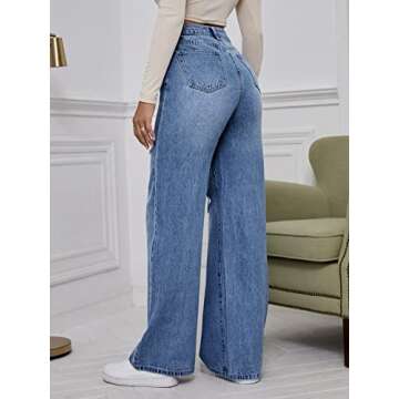 WDIRARA Women's High Waist Ripped Wide Leg Baggy Jeans Distressed Denim Pants Medium Wash S