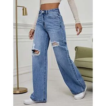 WDIRARA Women's High Waist Ripped Wide Leg Baggy Jeans Distressed Denim Pants Medium Wash S