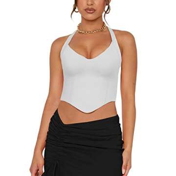 REORIA Women's Summer Sexy Halter V Neck Sleeveless Backless Y2K Trendy Crop Tank Tops for Going Out Teen Girls White Small