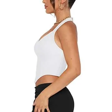 REORIA Women's Summer Sexy Halter V Neck Sleeveless Backless Y2K Trendy Crop Tank Tops for Going Out Teen Girls White Small