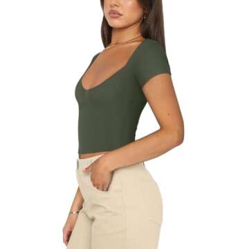 REORIA Women's Trendy Sexy V Neck Short Sleeve Double Lined Slimming T Shirts Crop Tops Tees, Grey G...