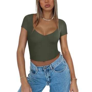 REORIA Women's Sexy V Neck Double Lined Crop Top