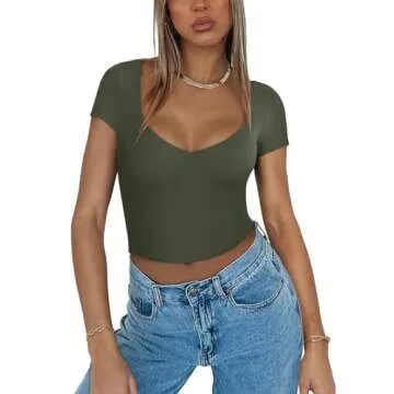 REORIA Women's Sexy V Neck Double Lined Crop Top