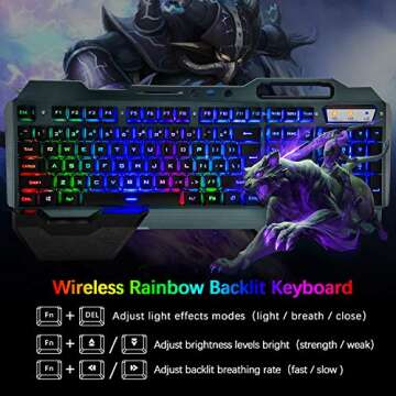 Wireless Gaming Keyboard and Mouse, Rainbow Backlit Rechargeable Combo with 3800mAh Battery, Removab...