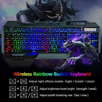 Wireless Gaming Keyboard and Mouse, Rainbow Backlit Rechargeable Combo with 3800mAh Battery, Removab...