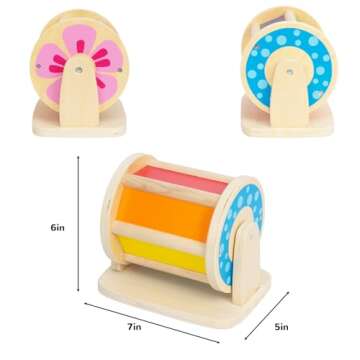 Montessori Spinning Drum Baby Toys, Wooden Tummy Time Mirror Play Kit and Rainbow Fabric Ball Kit To...