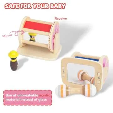 Montessori Spinning Drum Baby Toys, Wooden Tummy Time Mirror Play Kit and Rainbow Fabric Ball Kit Toys for 6-12 Months Toddlers