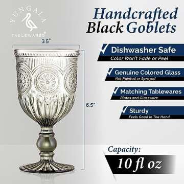 Yungala Black Wine Glasses set of 6 smoke glass goblets, black glassware made from dishwasher friendly colored glass smoke - black goblets
