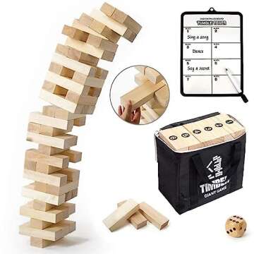 Gentle Monster Giant Tumble Tower with Dice & Game Board, 56 Pcs Large Size Wooden Stacking Game, Classic Outdoor Games for Adult Kids Family (Jumbo 56pc)