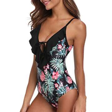 Tempt Me Women One Piece Deep V Plunge Keyhole Flounce Pineapple Floral Printed Strappy Monokini Swimsuit Black M