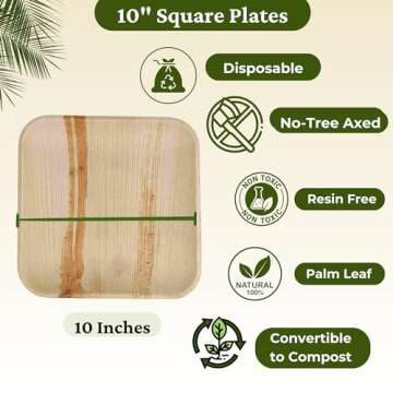 Dtocs Palm Leaf Plates 10 Inch Square (50 Pack) | Bamboo Plates Disposable Look Compostable Dinnerware Sets, Charcuterie Boards, Cheese Platter | Wedding Supplies Sturdy than 10" Paper Trays