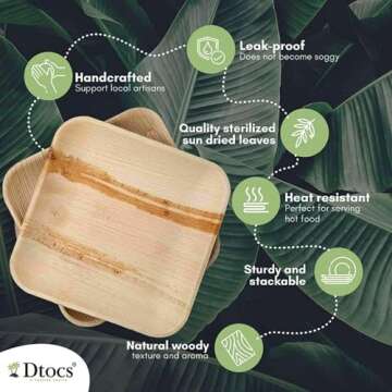 Dtocs Palm Leaf Plates 10 Inch Square (50 Pack) | Bamboo Plates Disposable Look Compostable Dinnerware Sets, Charcuterie Boards, Cheese Platter | Wedding Supplies Sturdy than 10" Paper Trays