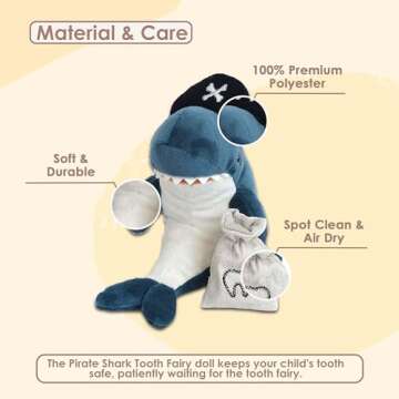 MON AMI Pirate Shark Stuffed Animal - 7", Premium Tooth Fairy Plush with Tooth Keepsake Pouch, Perfect Loose Tooth Gift for Children, Ocean Animals, Great Gift for Kids, Boys, Girls