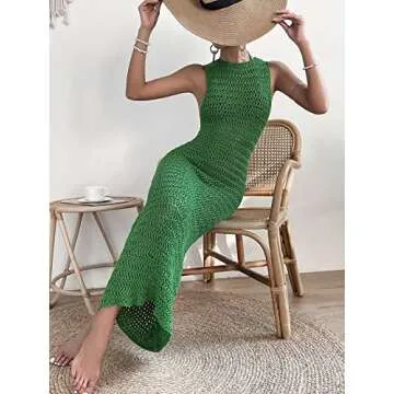 MakeMeChic Women's Crochet Cover Up Dress Hollow Out Knitted Swimsuit Cover Up Sleeveless Beach Long Dress