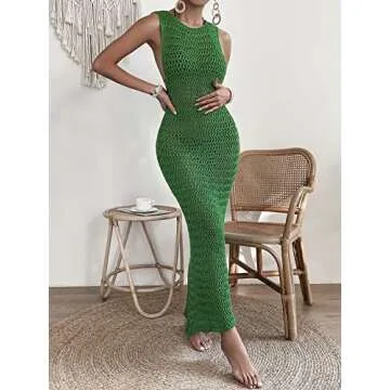 MakeMeChic Women's Crochet Cover Up Dress Hollow Out Knitted Swimsuit Cover Up Sleeveless Beach Long Dress