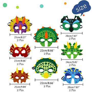 Genovega Dinosaur Masks Party Supplies for Kid (16 Packs) Felt and Elastic - Masquerade and Birthday Dinosaur Party Mask Favors Decorations, Perfect for Children Girls Boys Kids