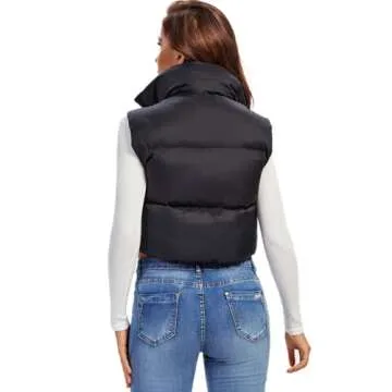 Fuinloth Women's Padded Vest, High Stand Collar Lightweight Zip Crop Puffy Gilet Black XXL