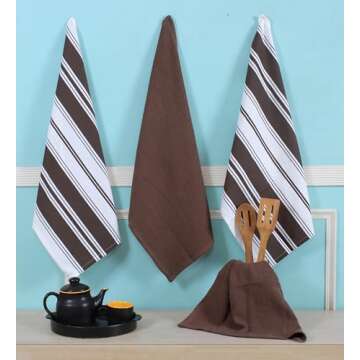 ACCENTHOME Waffle Kitchen Towels Set of 4 100% Cotton Stripe Design Tea Towel Absorbent Hand Dish Cloths for Drying & Cleaning Rags. Christmas Holidays Gifting 18 x 26 Inch In White & Dark Brown