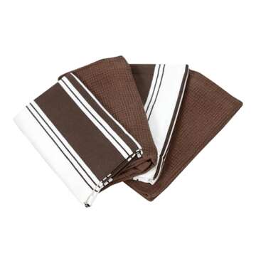 ACCENTHOME Waffle Kitchen Towels Set of 4 100% Cotton Stripe Design Tea Towel Absorbent Hand Dish Cloths for Drying & Cleaning Rags. Christmas Holidays Gifting 18 x 26 Inch In White & Dark Brown