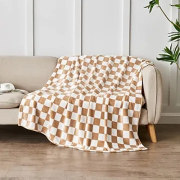 Edenleaf Checkered Blanket Flannel Throw Blankets Soft Cozy Checkered Grid Print Chessboard Gingham Pattern Blankets for Bed Sofa Couch for All Seasons（Blonde，50"×60"）