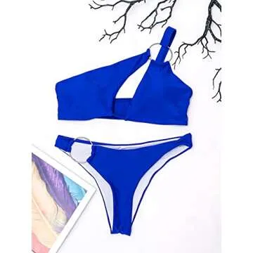 Milumia Women's 2 Piece One Shoulder Bikini Set Cut Out Ring Linked Swimsuit Swimwear Royal Blue Medium