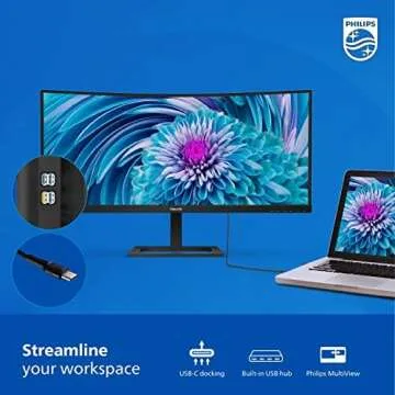 Philips 346E2CUAE 34" Curved Frameless, UltraWide QHD 3440x1440,100Hz, 121% sRGB, 1ms MPRT, USB-C Charging, MultiView PIP/PBP, Height Adjustable, 4Yr Advance Replacement, Black