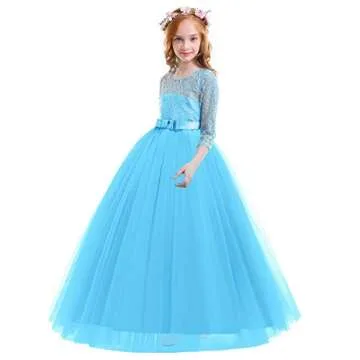 Spring Flower Girl Wedding Bridesmaid 3/4 Sleeves Kids Floral Lace Pageant Communion Princess Dress Prom Evening Dance Gown Dark Blue 13-14 Years