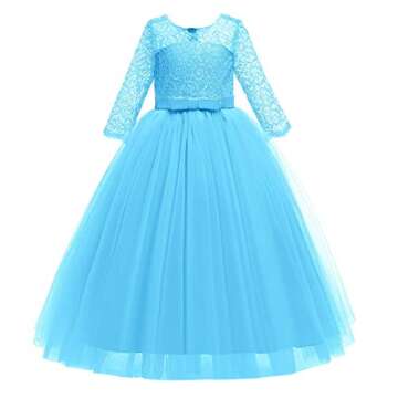 Spring Flower Girl Wedding Bridesmaid 3/4 Sleeves Kids Floral Lace Pageant Communion Princess Dress Prom Evening Dance Gown Dark Blue 13-14 Years