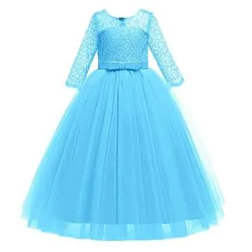 Spring Flower Girl Wedding Bridesmaid 3/4 Sleeves Kids Floral Lace Pageant Communion Princess Dress Prom Evening Dance Gown Dark Blue 13-14 Years