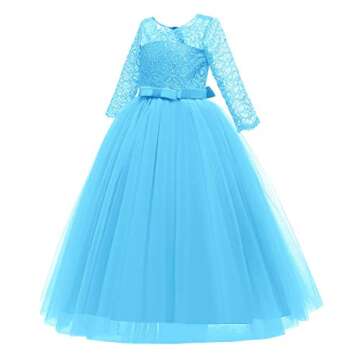 Spring Flower Girl Wedding Bridesmaid 3/4 Sleeves Kids Floral Lace Pageant Communion Princess Dress Prom Evening Dance Gown Dark Blue 13-14 Years