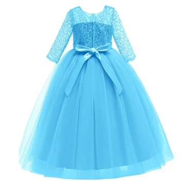 Spring Flower Girl Wedding Bridesmaid 3/4 Sleeves Kids Floral Lace Pageant Communion Princess Dress Prom Evening Dance Gown Dark Blue 13-14 Years