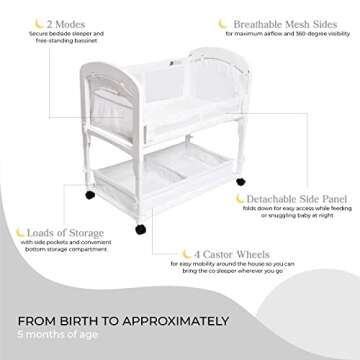 Arm’s Reach Cambria Co-Sleeper Bedside Bassinet Featuring Height-Adjustable Legs, Curved Wooden Ends, Breathable Mesh Sides with Pockets, and Large Lower Storage Basket, White
