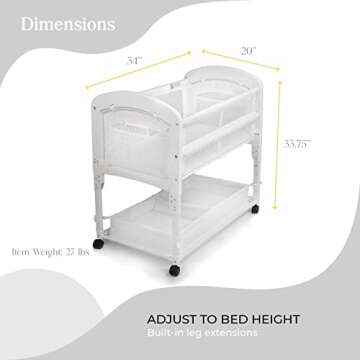 Arm’s Reach Cambria Co-Sleeper Bedside Bassinet Featuring Height-Adjustable Legs, Curved Wooden Ends, Breathable Mesh Sides with Pockets, and Large Lower Storage Basket, White