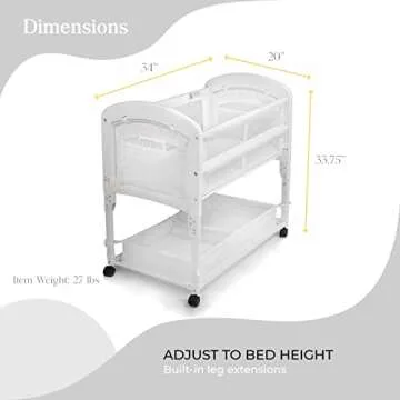 Arm’s Reach Cambria Co-Sleeper Bedside Bassinet Featuring Height-Adjustable Legs, Curved Wooden Ends, Breathable Mesh Sides with Pockets, and Large Lower Storage Basket, White