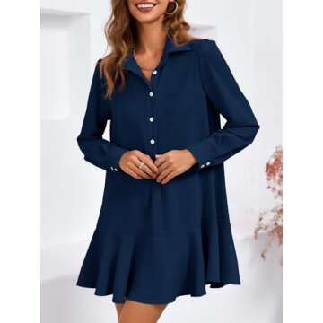 Fisoew Womens Casual Button Down Shirt Dress Long Sleeve Collared Pleated Swing Mini Dresses Navy