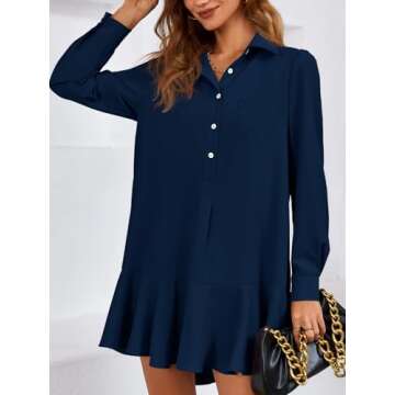 Fisoew Womens Casual Button Down Shirt Dress Long Sleeve Collared Pleated Swing Mini Dresses Navy
