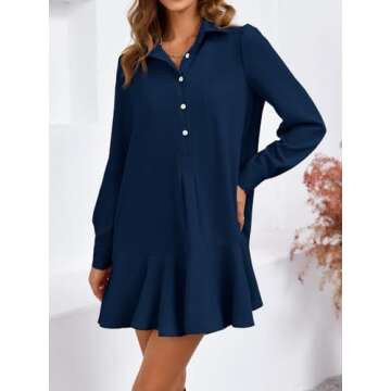 Fisoew Womens Casual Button Down Shirt Dress Long Sleeve Collared Pleated Swing Mini Dresses Navy