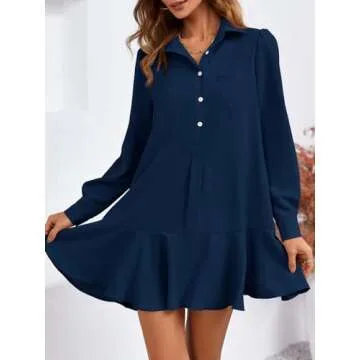 Fisoew Womens Casual Button Down Shirt Dress Long Sleeve Collared Pleated Swing Mini Dresses Navy